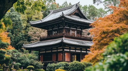 Traditional Japanese Pagoda Surrounded by Vibrant Autumn Foliage