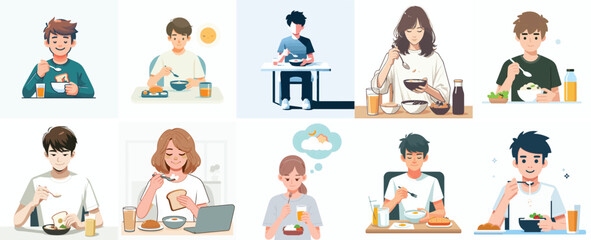 Vector Set of a Teenager Having Breakfast in a Simple Flat Design Style