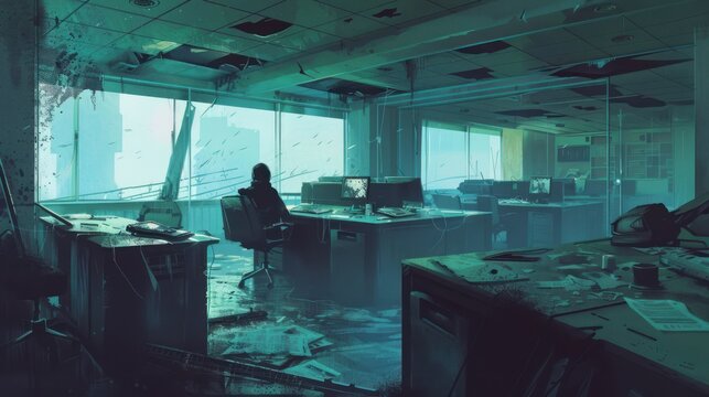 A solitary figure in a deserted office space