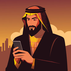 Handsome Saudi Arab business man wearing keffiyeh holding phone