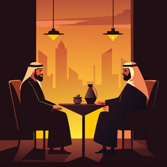 Two Saudi Arabian men wearing keffiyeh meeting for business