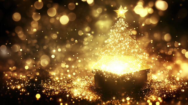 Christmas tree in box, Glowing Christmas lights in the night. Beautiful Christmas and New Year Abstract Background, copy space