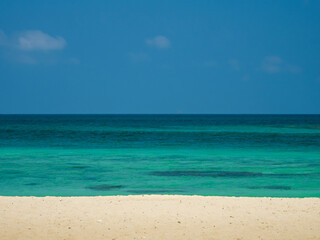 Horizon photogrphy beautiful landscape summer season vertical view tropical sea beach white sand clean blue sky background calm nature ocean wave water travel holiday at samae san island sun day time.
