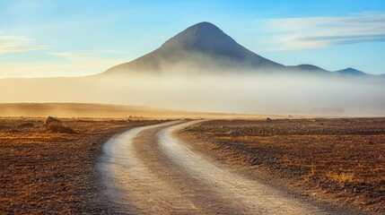 Fototapeta premium Serene Landscape with Mountain Peak and Misty Road at Sunrise