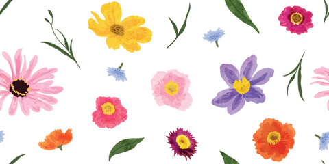 Spring and summer watercolor flower pattern seamless background vector. Watercolor hand painted botanical floral, daisy, wildflower, eucalyptus leaves. Design for wallpaper, banner, print, website. © babeer
