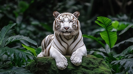 Naklejka premium Majestic White Tiger in the Lush Green Jungle: A Wildlife Photography Adventure