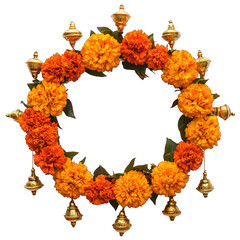 Bright and Vibrant Wreath Decoration Inspired by Diwali Tradition with Marigold Flowers and Decorative Bells on a White Background