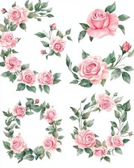 Explore unique hand-painted watercolor floral frames with pink roses, perfect for greeting cards.