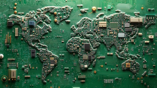 Futuristic world map on circuit board, eco-friendly technology concept.