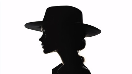 Silhouette of a woman in a hat against white background, dramatic minimalist portrait.