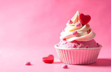 Happy Valentine's day background with ice cream in a bowl decorated with candies and hearts. Copy space on the left.