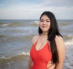Woman young asian fat chubby cute beautiful smile happy fun enjoy relax freedom bikini swimwear...