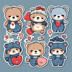 Cute bear stickers in overalls, featuring playful expressions and hearts, perfect for adding charm to crafts, scrapbooking, or digital designs.