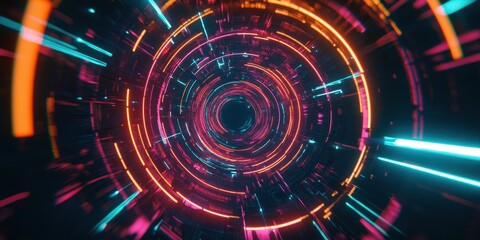 Obraz premium A colorful, neon-lit, spiral-shaped tunnel with a black center