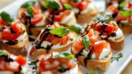 A platter of assorted bruschetta topped with tomato, basil, and mozzarella