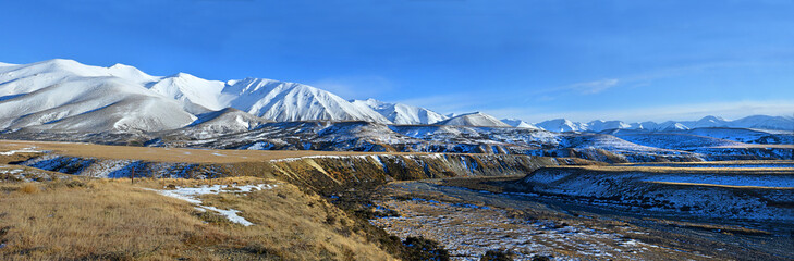 Lower Porter River Valley Panorama and Southern Alps, Canterbury, New Zealand