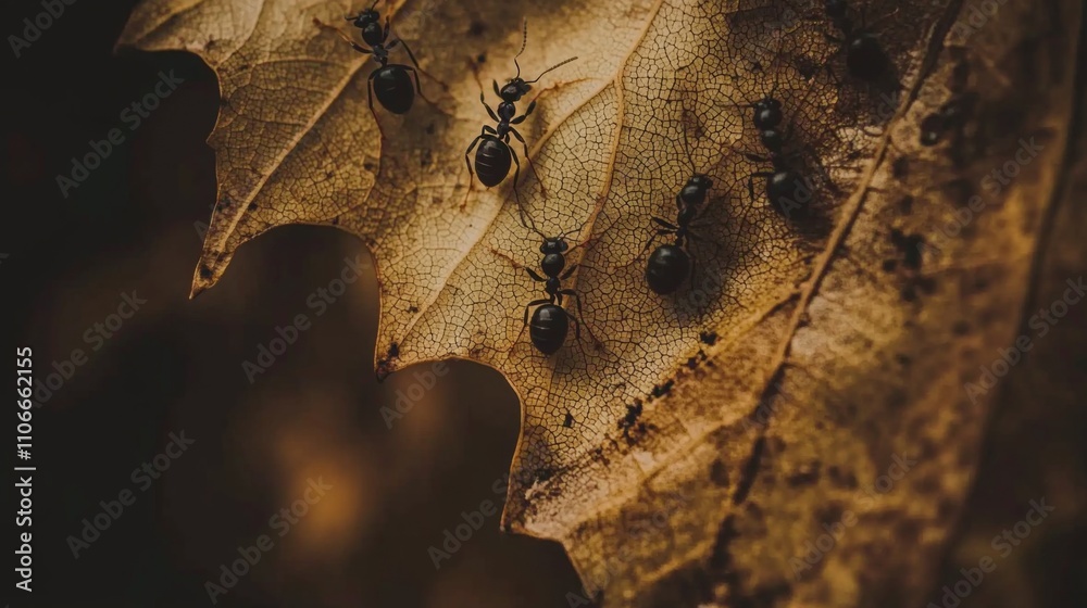 Poster ants crawling on a dry leaf under natural light in a forest setting