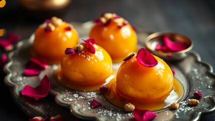Obraz premium A traditional Indian Gulab Jamun soaked in golden syrup, garnished with rose petals and nuts