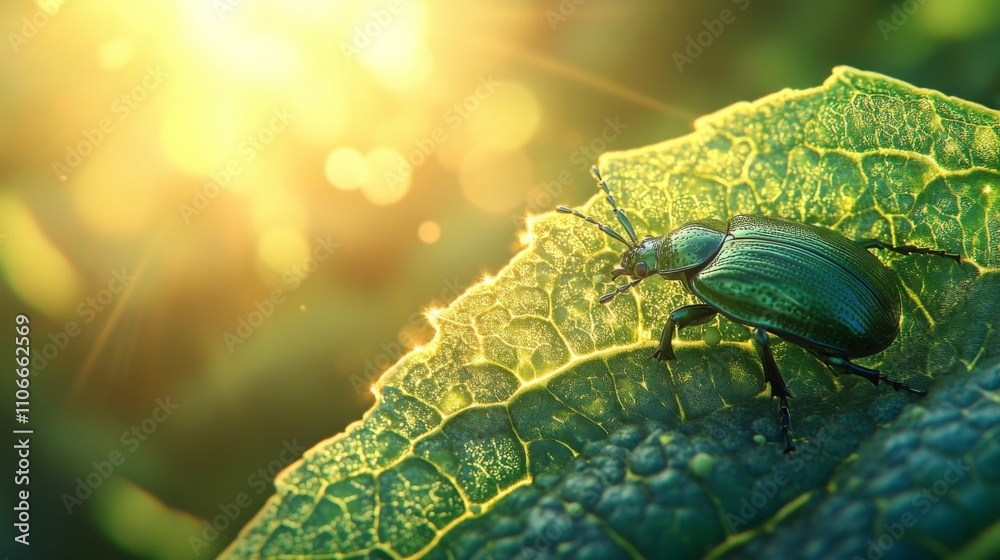 Poster close-up of beetle on leaf with sunlight in background