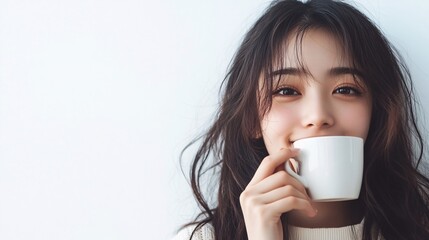 girl sipping cup of coffee, asian, summer, energetic, smiling, happy, close up, white background, realistic, 35mm,