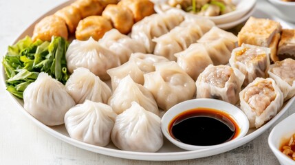A platter of assorted dim sum including steamed dumplings, pork buns, and shrimp har gow