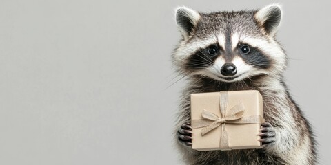 Fototapeta premium Smiling raccoon holding a beige gift box with a bow against a light gray background