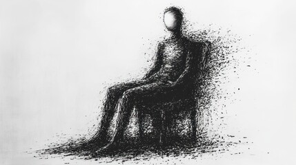 Fototapeta premium A minimalist figure made of ink-like strokes, sitting on a chair, conveying solitude.