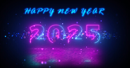 Modern way neon colored trendy 2025 Wishes BG. Happy New Year Message Sparkles Christmas time festive holiday season. New Beginnings full of excitement magical greeting 3d. Spectacular bg.