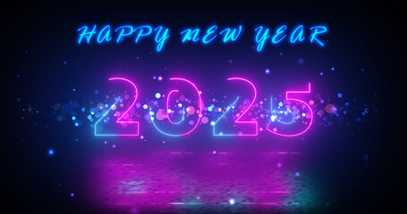 Modern way neon colored trendy 2025 Wishes BG. Happy New Year Message Sparkles Christmas time festive holiday season. New Beginnings full of excitement magical greeting 3d. Spectacular bg.