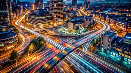 Obraz premium Captivating Aerial View of Neon Glow from Long Exposure Headlights Creating Striking Stripes on Urban Roads at Night, Showcasing the Beauty of Modern Cityscapes