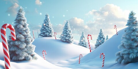 Snowy hills with Christmas trees and candy cane decorations