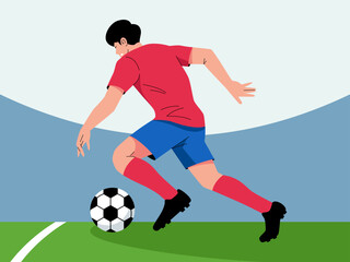 Soccer Player in Action: A dynamic illustration of a soccer player in a red and blue jersey dribbling the ball on a green field, capturing the energy and intensity of the sport.  