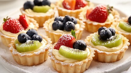 A platter of assorted fresh fruit tartlets filled with pastry cream and topped with kiwi, strawberries, and blueberries