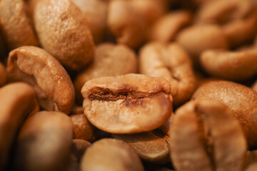 This closeup photo showcases raw coffee beans in natural light, highlighting their texture
