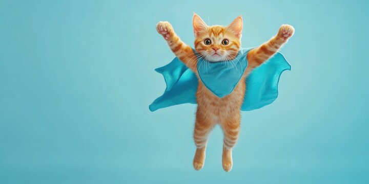 superhero cat, Cute orange tabby kitty with a blue cloak and mask jumping and flying