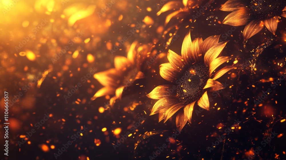 Poster sunflowers illuminated by warm golden light with soft bokeh effects