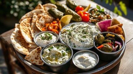 A platter of assorted Greek mezze including tzatziki, spanakopita, and dolmades