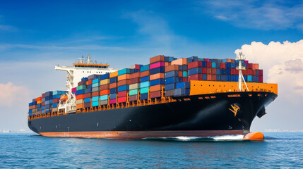 Fototapeta premium Massive cargo ship at sea, loaded with colorful containers stacked high, with a clear blue sky and calm ocean in the background