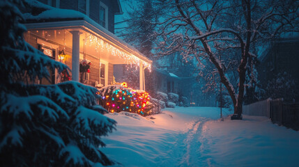 of a decorated house with multicolored lights glowing under a blanket of fresh snow