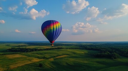 Colorful hot air balloon floats over serene green landscape under a partly cloudy sky.