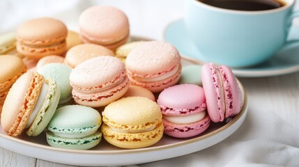 Obraz premium A platter of assorted macarons in pastel colors, Macarons on platter, Soft diffused lighting highlighting the delicate texture