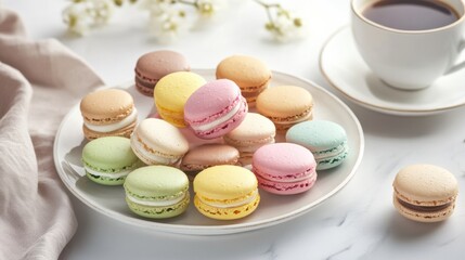 Fototapeta premium A platter of assorted macarons in pastel colors, Macarons on platter, Soft diffused lighting highlighting the delicate texture