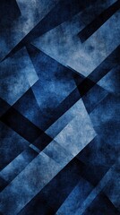 This bold background features deep blue and black geometric patterns, adding visual depth