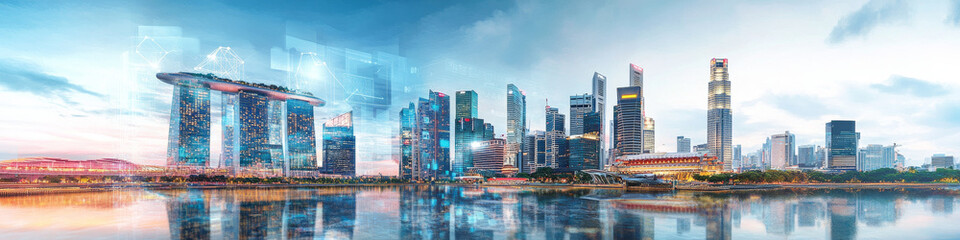Panoramic cityscape featuring smart city technology, with digital overlays and augmented reality elements visible in the urban landscape, highlighting a blend of digital innovation 
