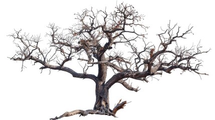 Fototapeta premium A single, isolated, old dead tree with cracked bark on a white background in the fall season