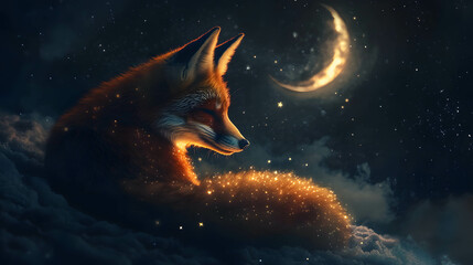 Fototapeta premium Mystical Fox with Glowing Starry Fur Under Crescent Moon