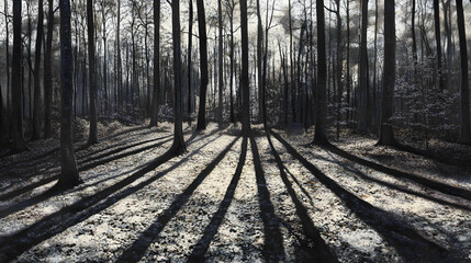 Serene Forest with Long Shadows in Early Morning Light