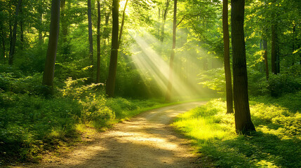 Obraz premium Forest Path Illuminated by Golden Sunbeams