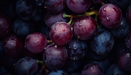 Fototapeta premium Top View Of Fresh Organic Sweet Red Grapes: A Detailed Look At The Texture Of Healthy Red Wine Grapes.