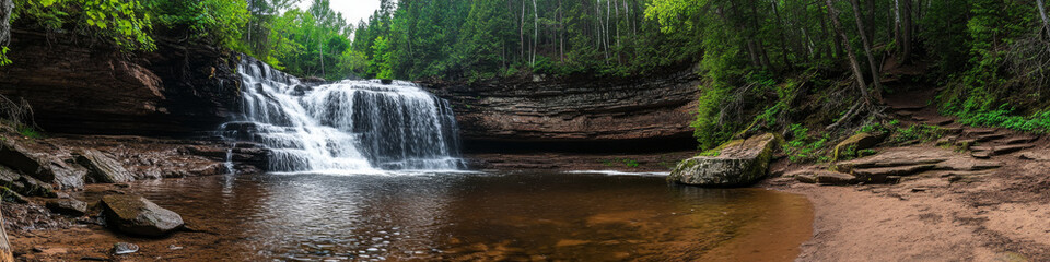 Fototapeta premium Panoramic view of a serene hiking trail in a lush national park, surrounded by tall green trees and a beautiful waterfall cascading down into a clear pool, creating a refreshing atmosphere
